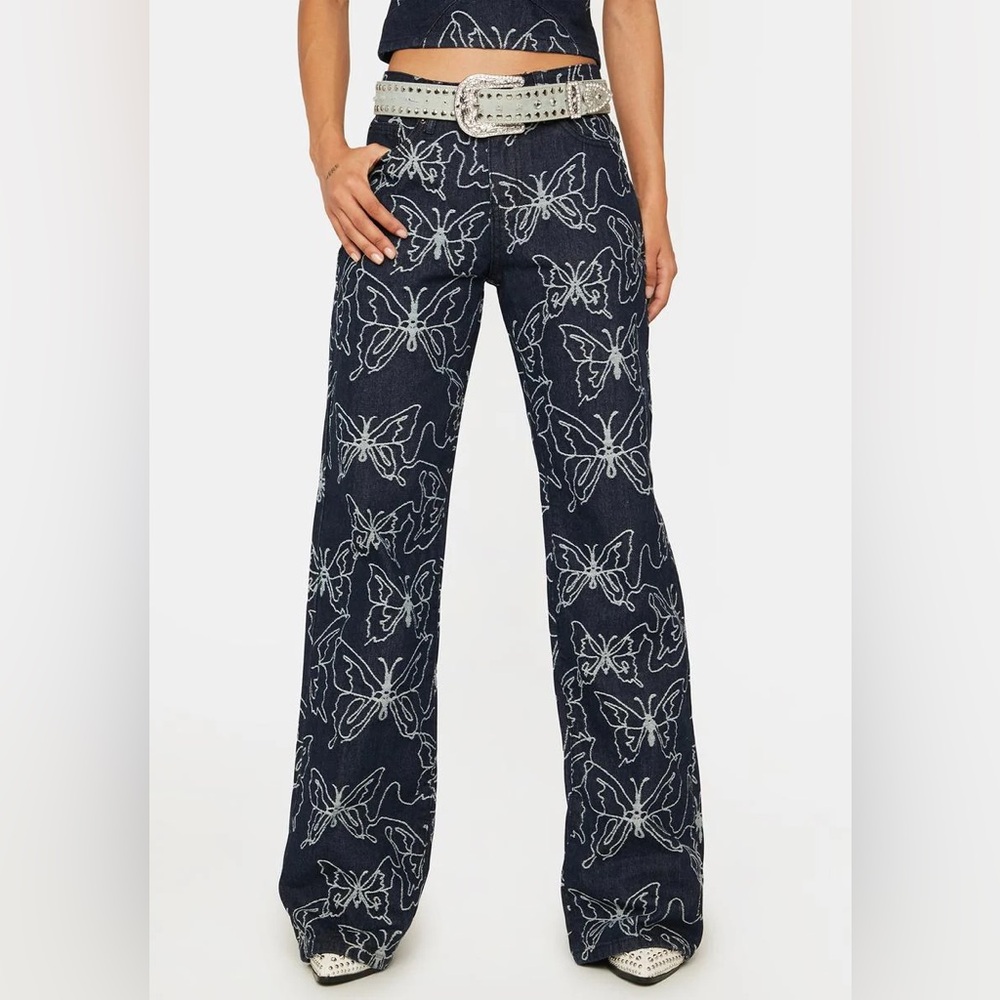 Jade Navy Butterfly Embroidered Wide Leg Pants